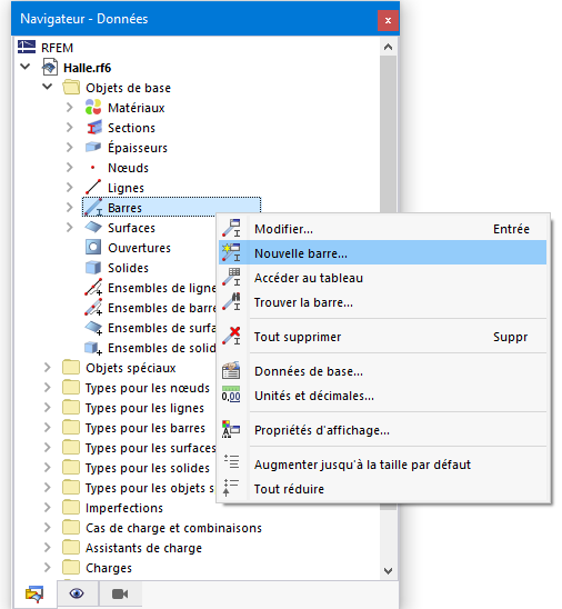 Menu contextuel pour les « barres »