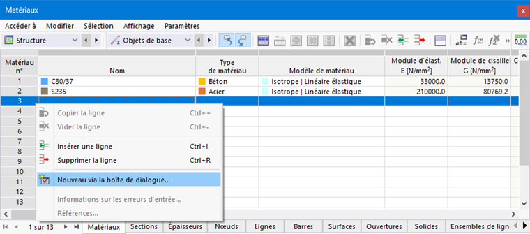 Menu contextuel du tableau