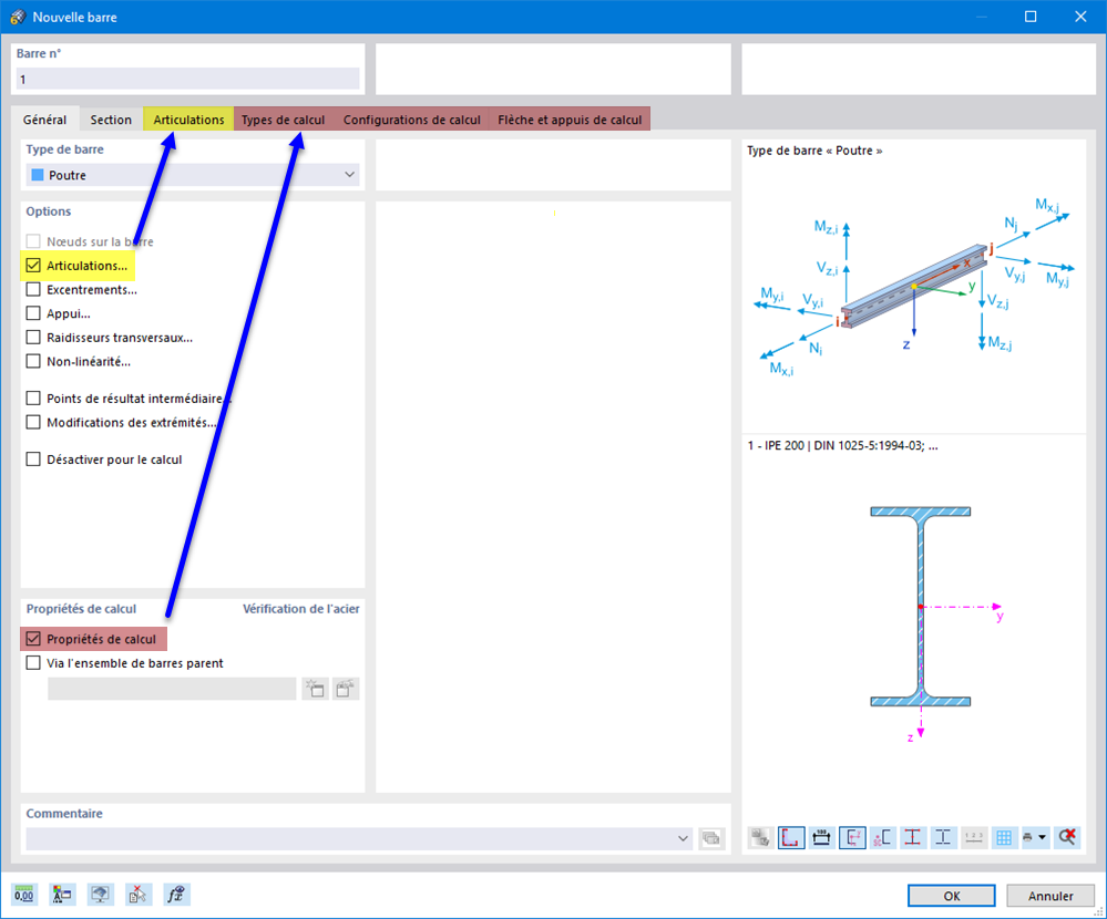Boîte de dialogue d'entrée « Nouvelle barre » avec des onglets pour les propriétés d'articulations et de calcul