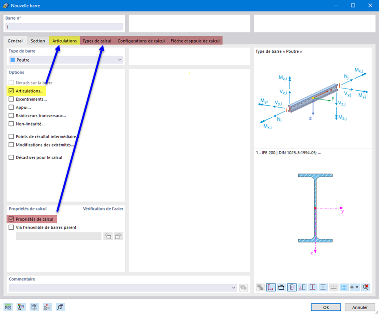 Boîte de dialogue d'entrée « Nouvelle barre » avec des onglets pour les propriétés d'articulations et de calcul