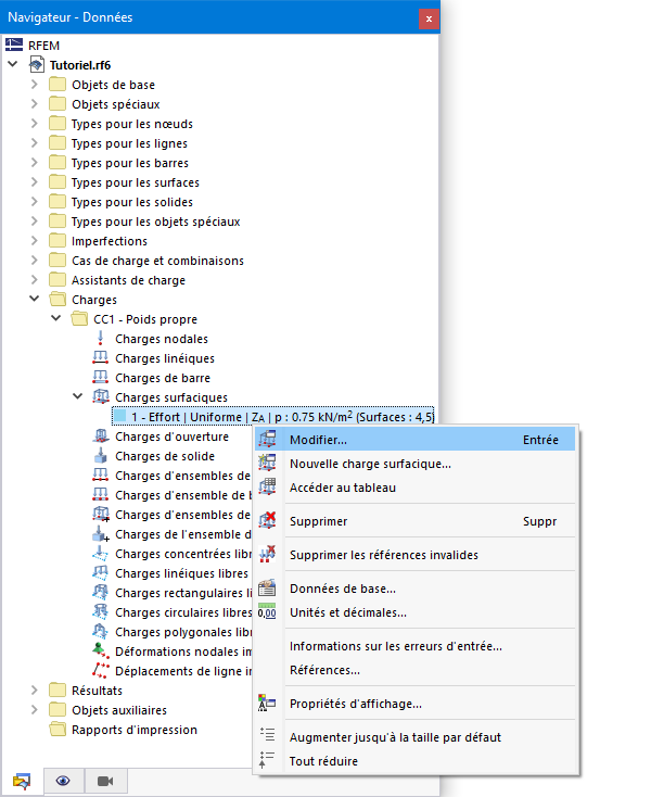 Menu contextuel de la charge de barre