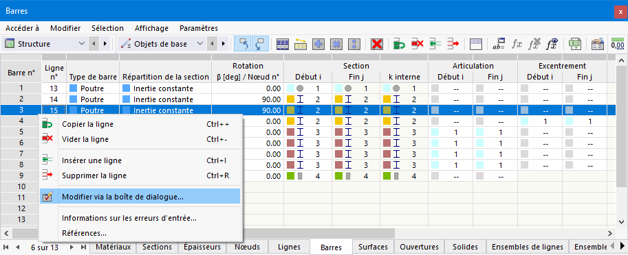 Menu contextuel du tableau