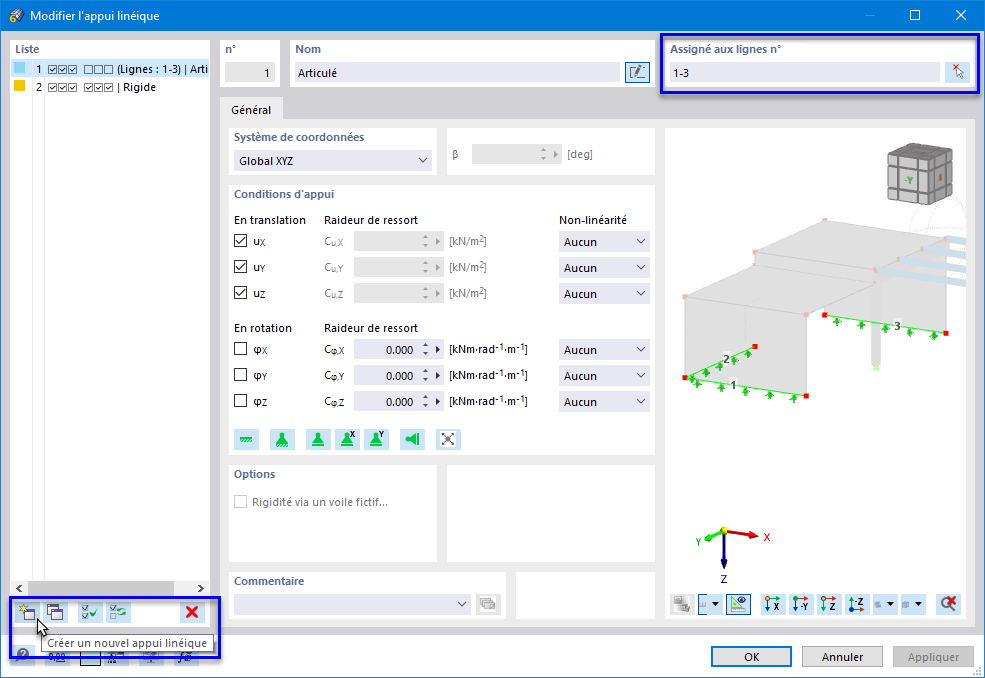 Boîte de dialogue « Modifier l’appui linéique » avec des options pour l’attribution et la création de nouveaux types