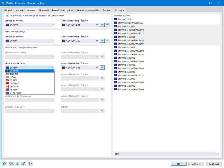 Sélection de la norme pour la vérification de l’acier