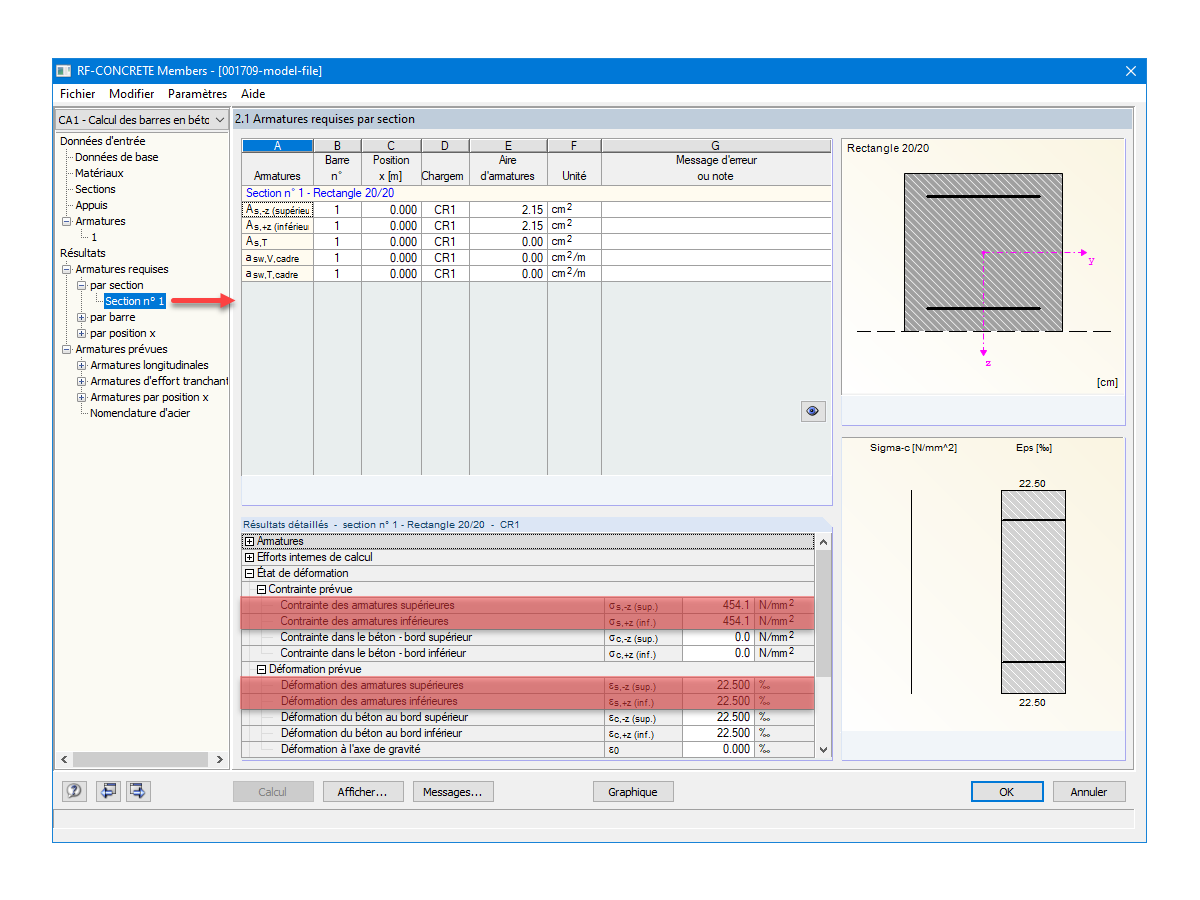 Contraintes et déformations prévues déterminées par RF-CONCRETE Members