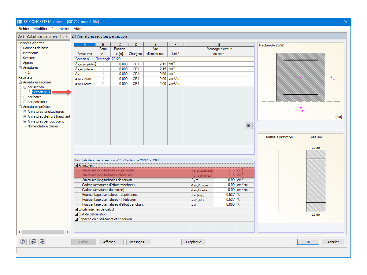 Armatures requises déterminées par RF-CONCRETE Members