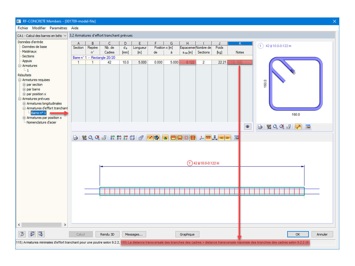 Avertissement sur l'espacement maximal autorisé pour les cadres d'armatures