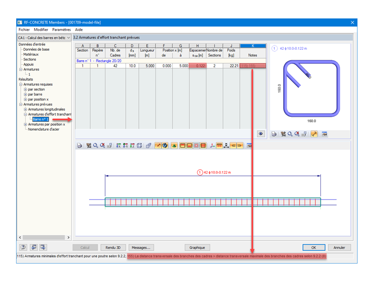 Avertissement sur l'espacement maximal autorisé pour les cadres d'armatures