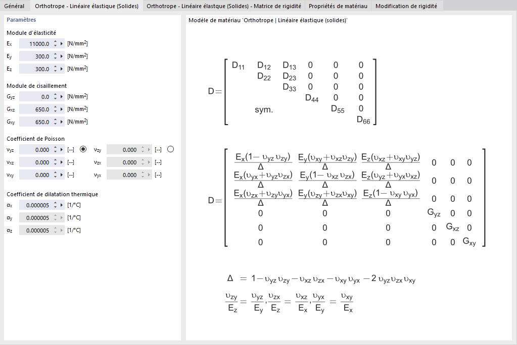 Matrice de rigidité pour un matériau linéaire élastique orthotrope (solide)