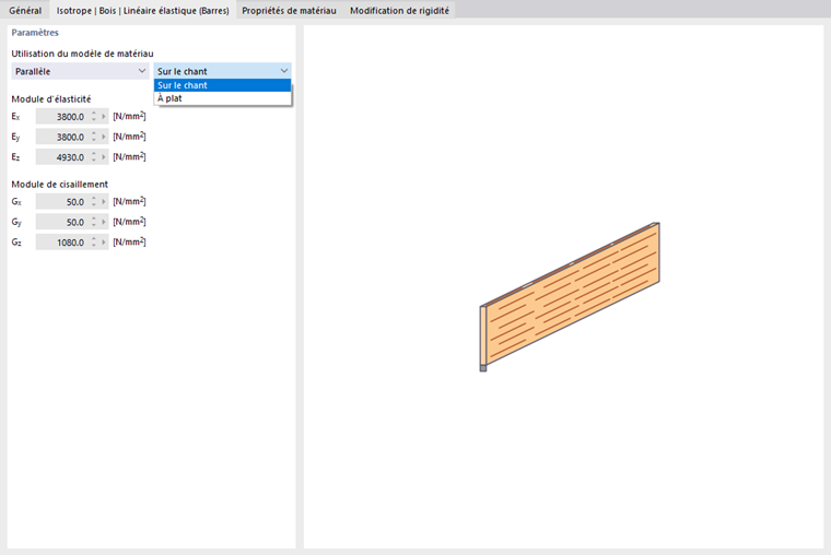 Paramètres d'un matériau bois élastique linéaire isotrope pour les barres