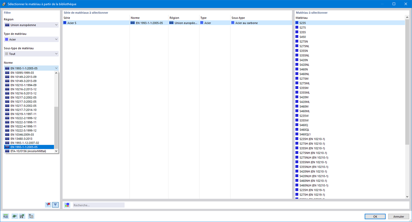 Filtrage de la bibliothèque par région, type de matériau et norme