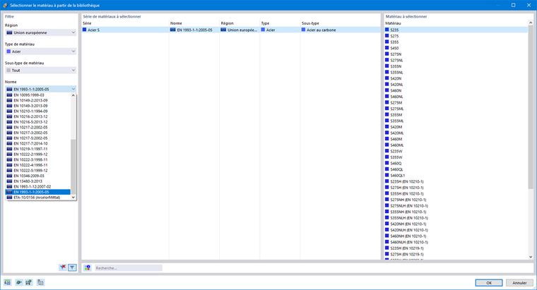 Filtrage de la bibliothèque par région, type de matériau et norme
