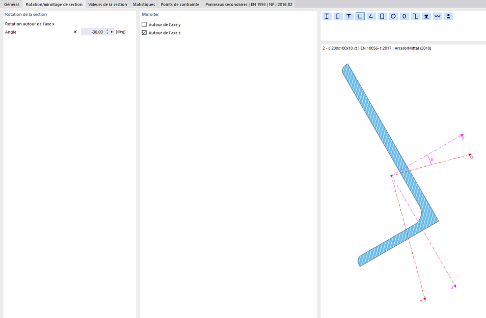 Définition de la rotation de la section et de la symétrie de la section en L