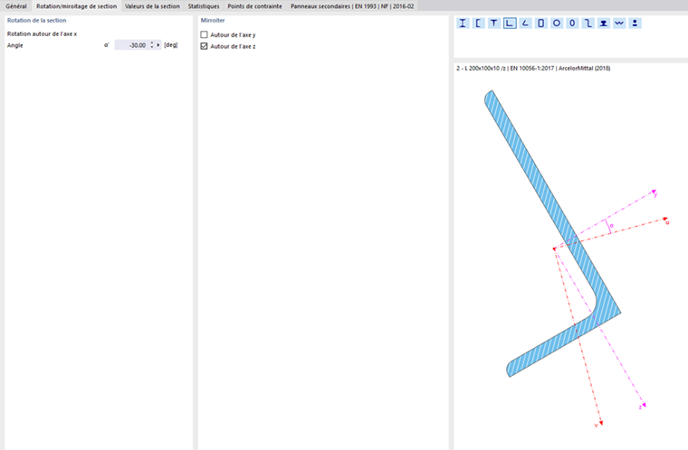 Définition de la rotation de la section et de la symétrie de la section en L