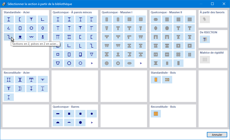 Bibliothèque de sections avec types de sections