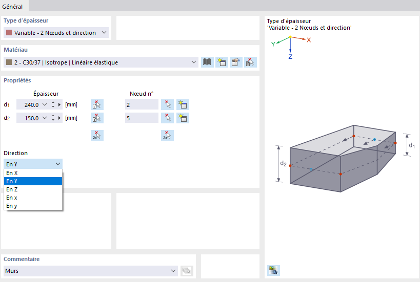 Définition d’une épaisseur variable via deux nœuds et une direction