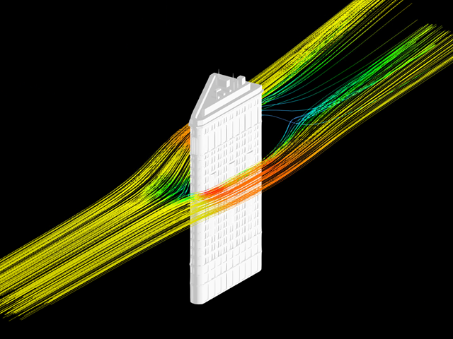 Flatiron Building et résultats d'une simulation de vent