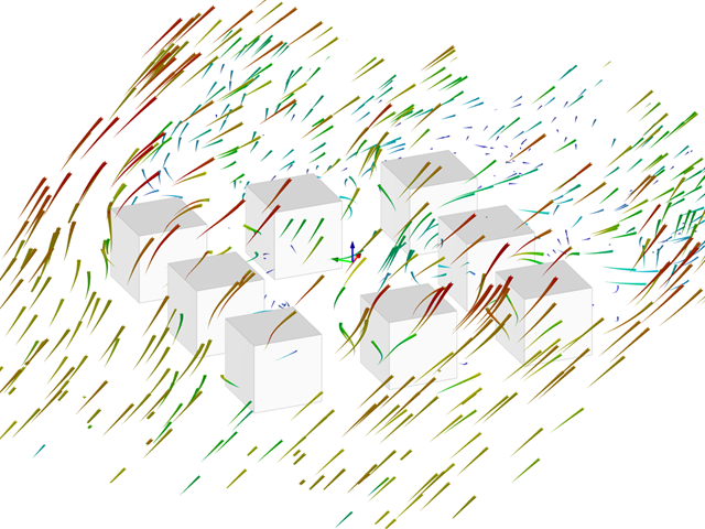 Animation de l'écoulement autour d'un groupe de bâtiments pour le cas 3