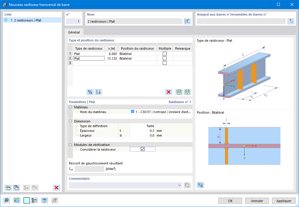 Boîte de dialogue « Nouveau raidisseur transversal de barre »