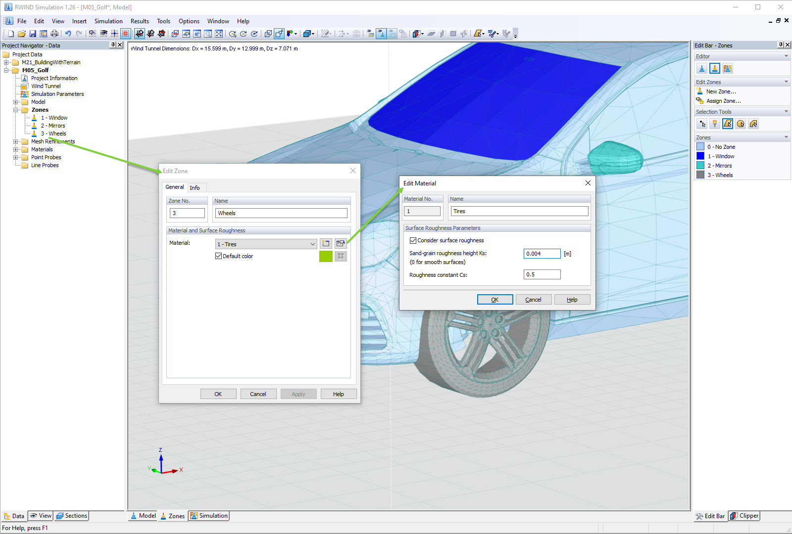 RWIND Simulation | Définir la rugosité de surface pour le matériau de la zone