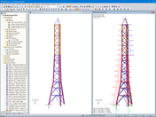 Modèle 3D du pylône en treillis (à gauche) et forces axiales (à droite) dans RSTAB (© TU Dresden)