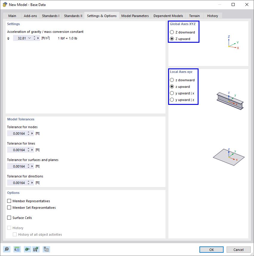 Onglet « Paramètres et options » pour les axes