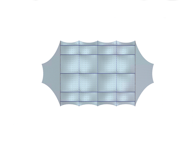 Halle avec toiture à membrane, vue en direction de l'axe Z