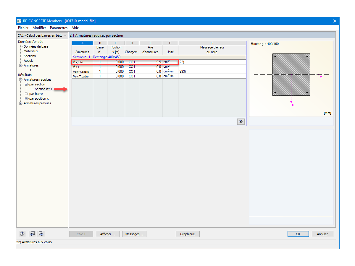 Armatures requises déterminées par RF-CONCRETE Members