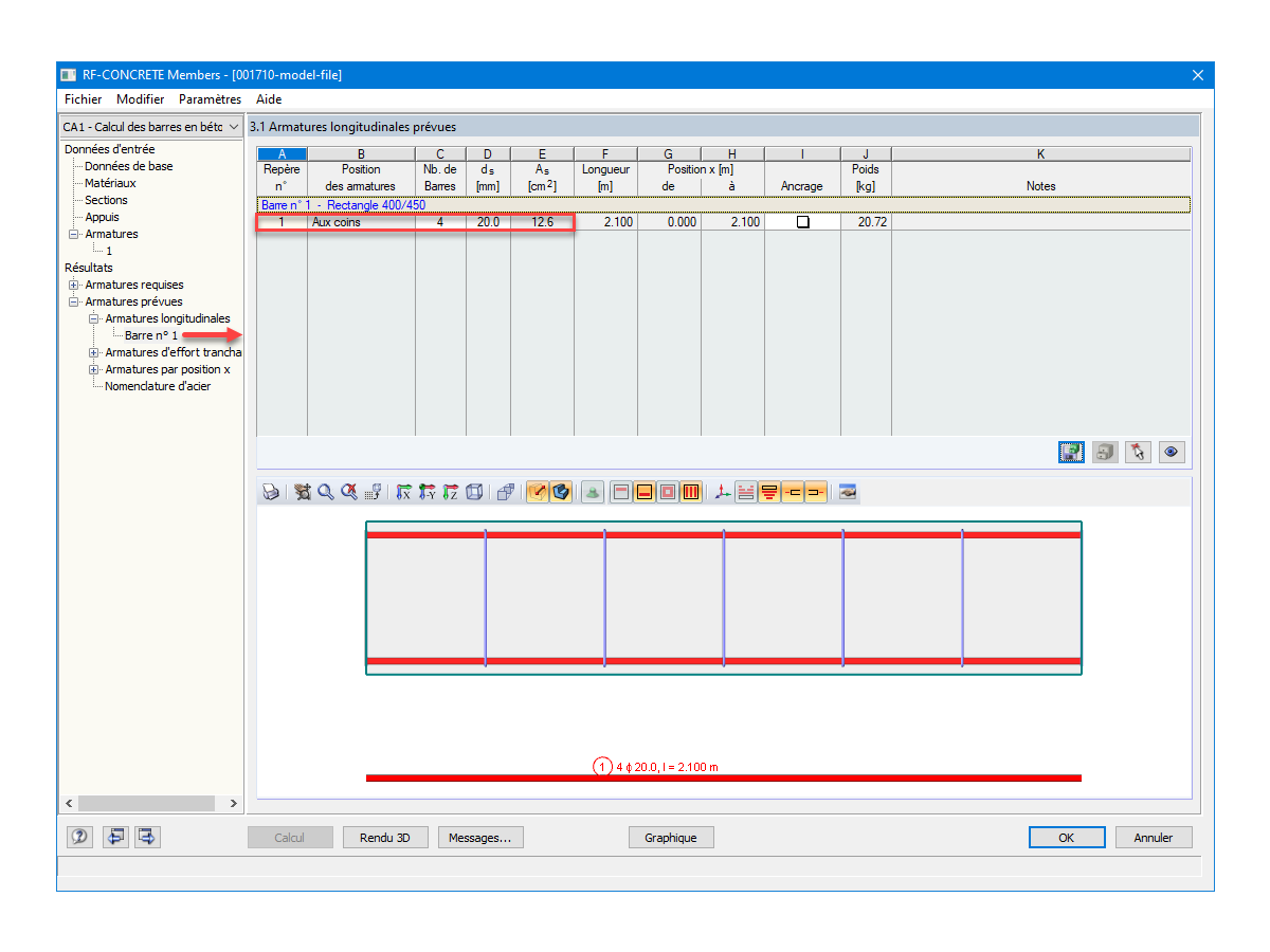Armatures prévues déterminées par RF-CONCRETE Members