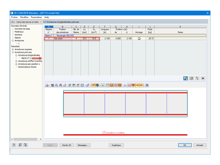 Armatures prévues déterminées par RF-CONCRETE Members