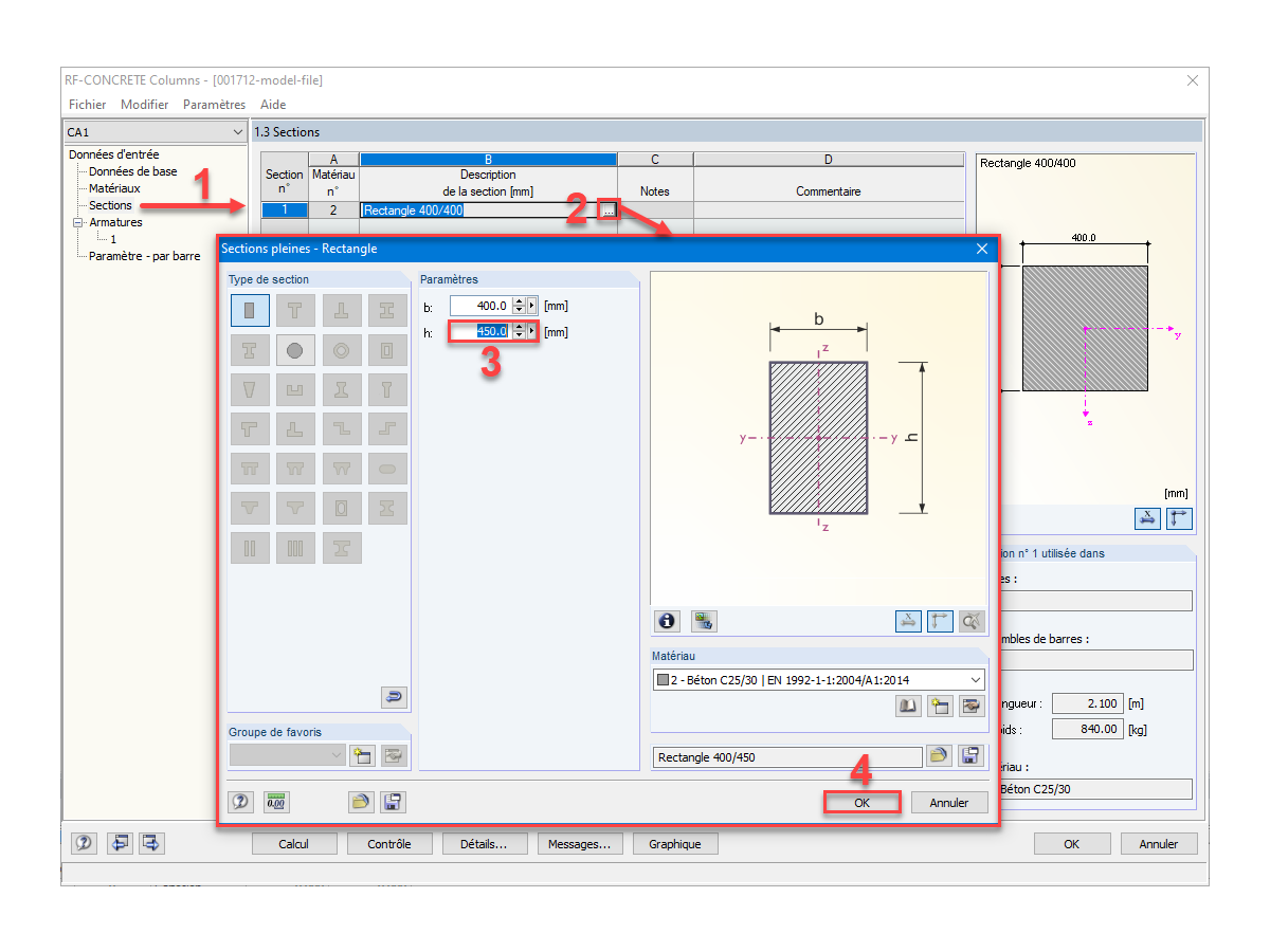 Modification de la section rectangulaire sur RF-CONCRETE Columns
