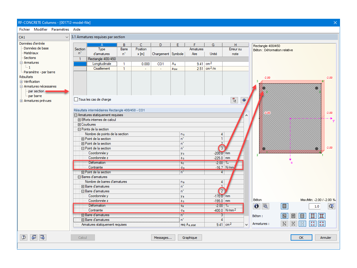 Affichage des contraintes et des déformations prévues sur RF-CONCRETE Columns