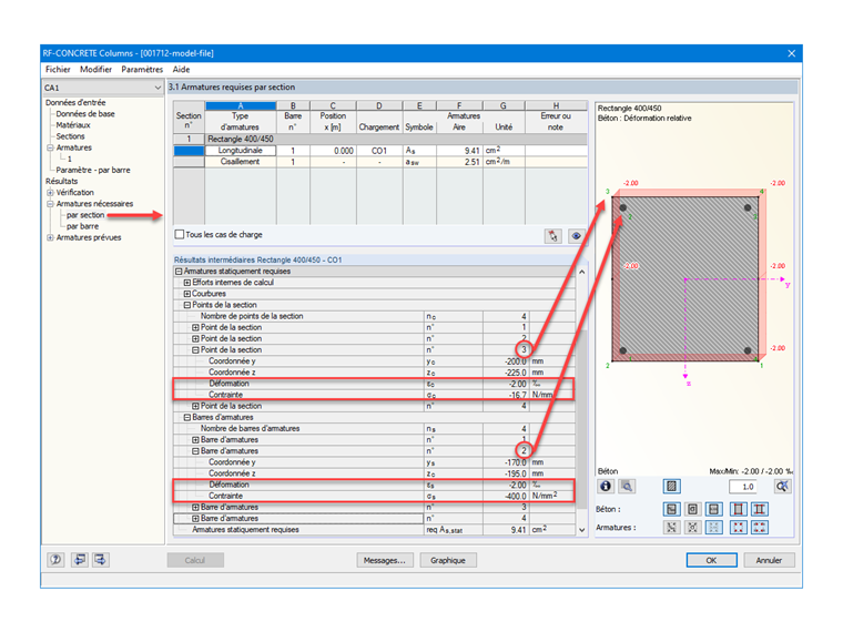 Affichage des contraintes et des déformations prévues sur RF-CONCRETE Columns