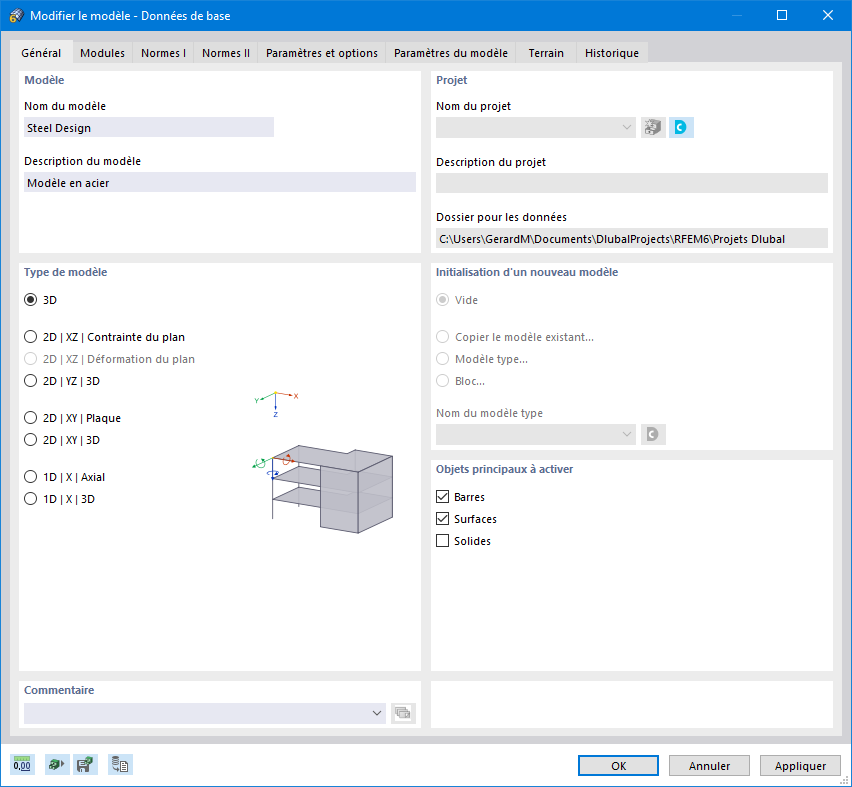 Sélection des types de modèle 1D, 2D et 3D dans les données de base