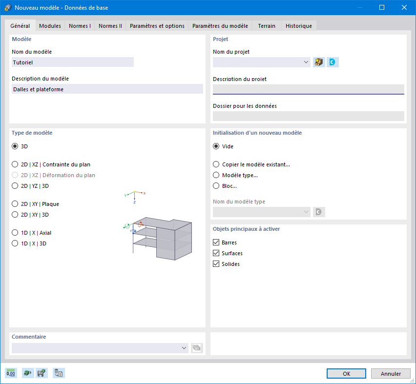 Boîte de dialogue « Nouveau modèle - Données de base »