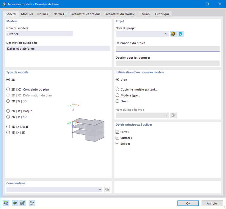 Boîte de dialogue « Nouveau modèle - Données de base »