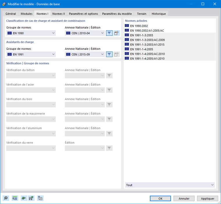 « Normes » pour les combinaisons de cas de charge et les assistants de charge