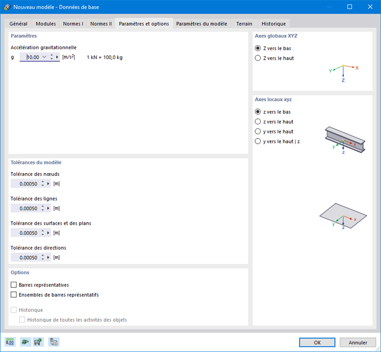« Paramètres et options » pour les axes et les tolérances