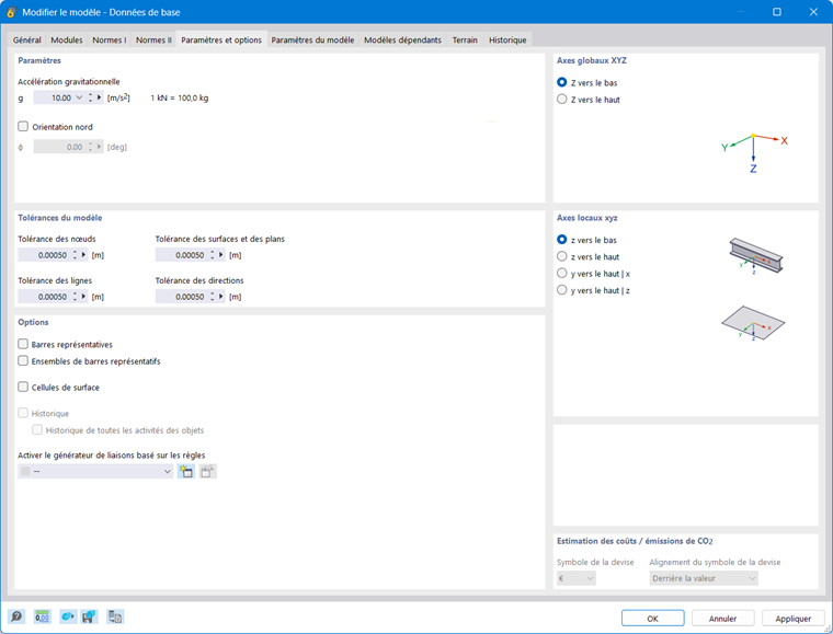 « Paramètres et options » pour les axes et les tolérances