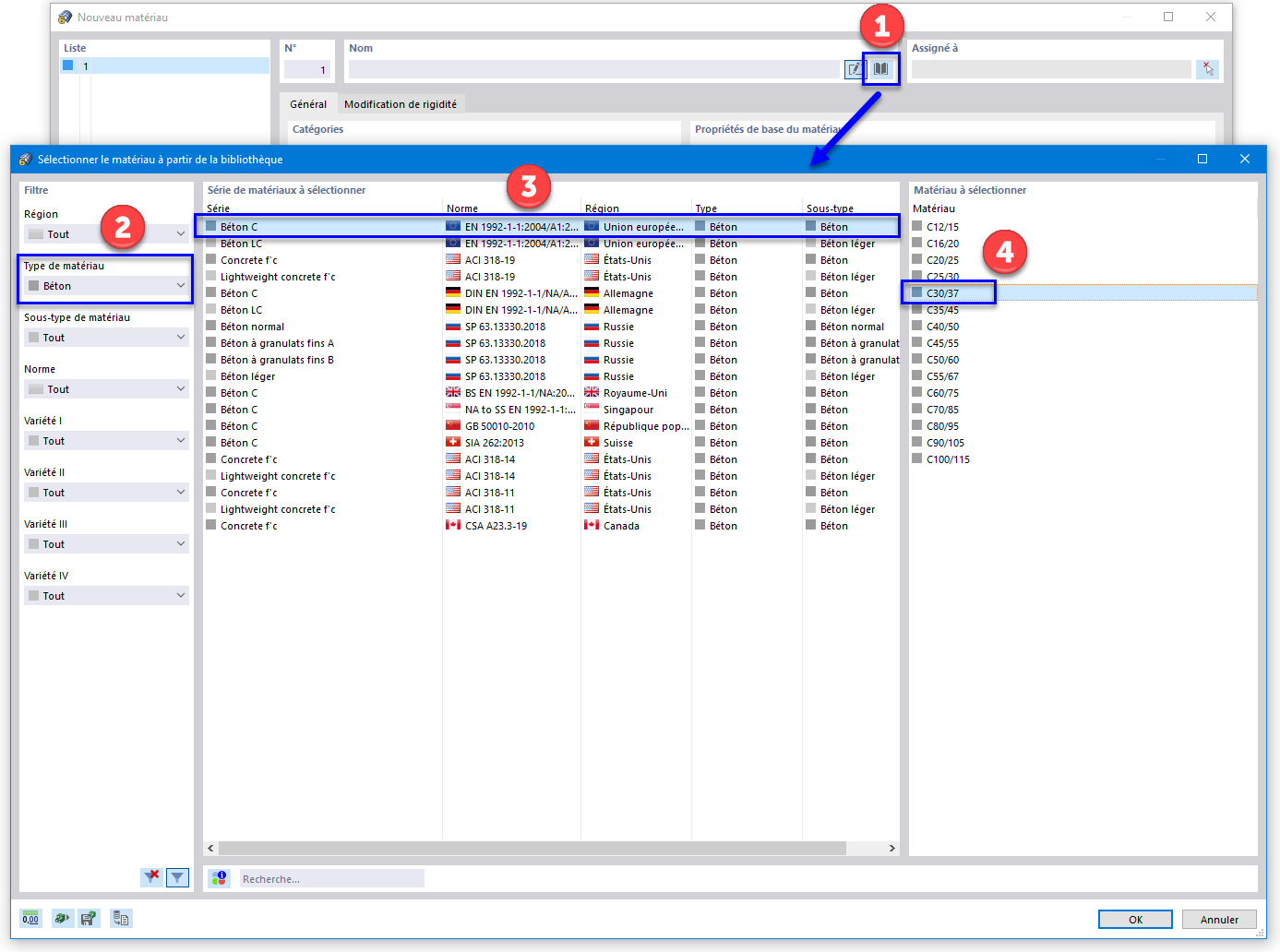 Sélection d'un matériau béton dans la bibliothèque