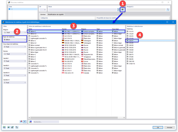 Sélection d'un matériau béton dans la bibliothèque