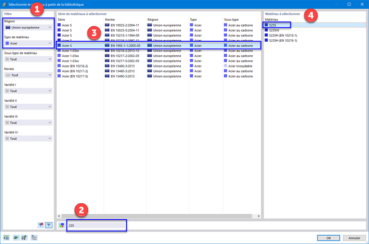 Sélection d'un matériau acier dans la bibliothèque