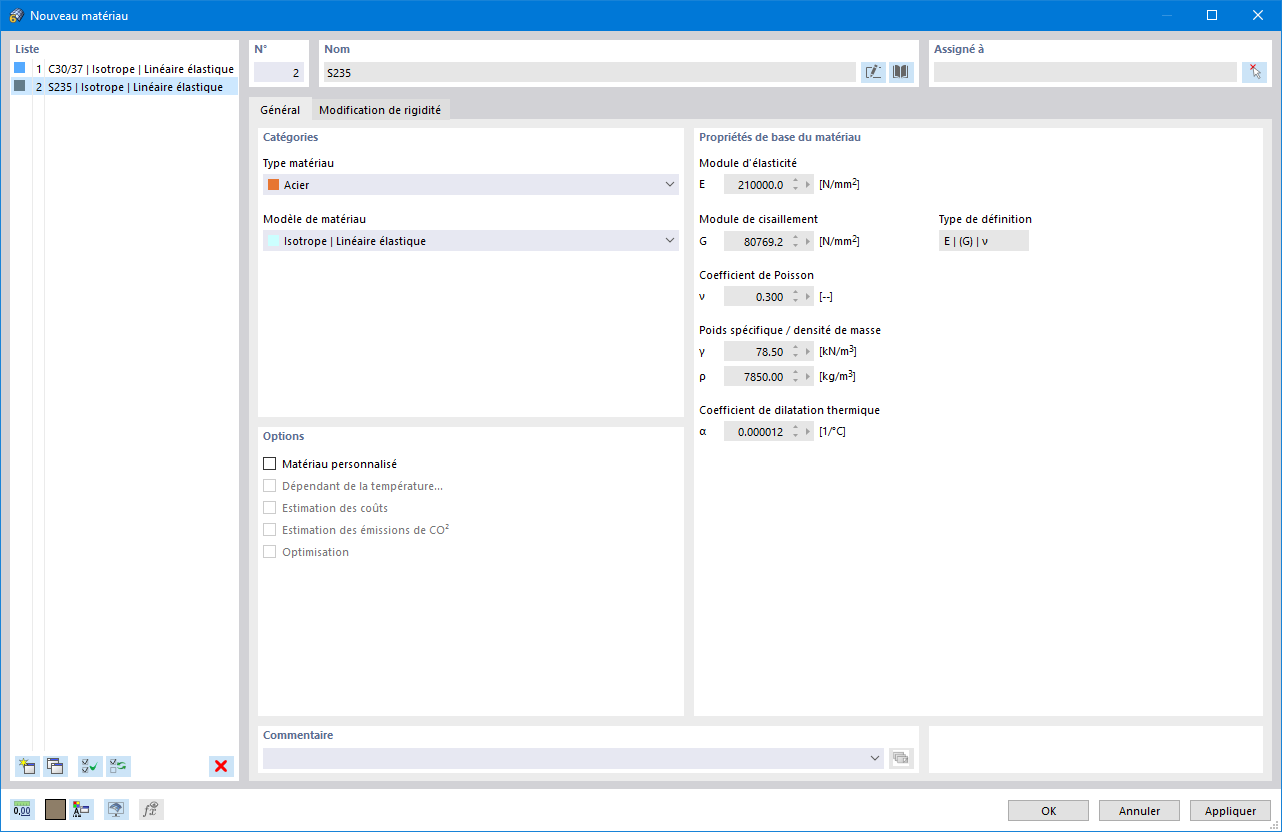 Matériaux béton et acier définis dans la boîte de dialogue « Nouveau matériau »
