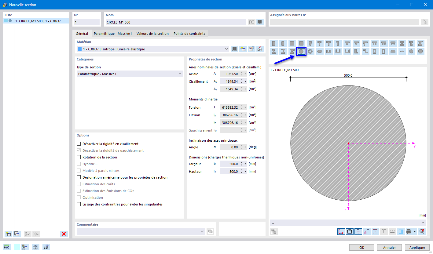 Sélection d'une section circulaire paramétrique