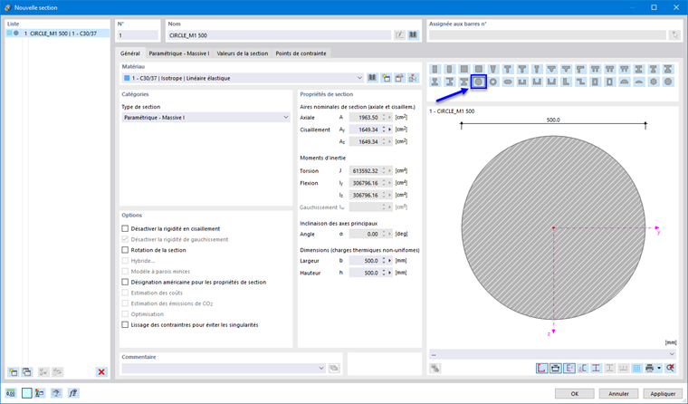 Sélection d'une section circulaire paramétrique