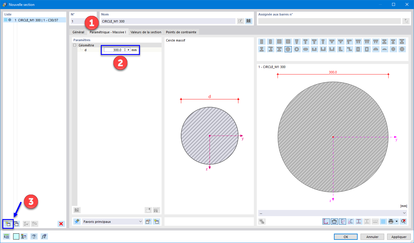 Définition d'une section paramétrique