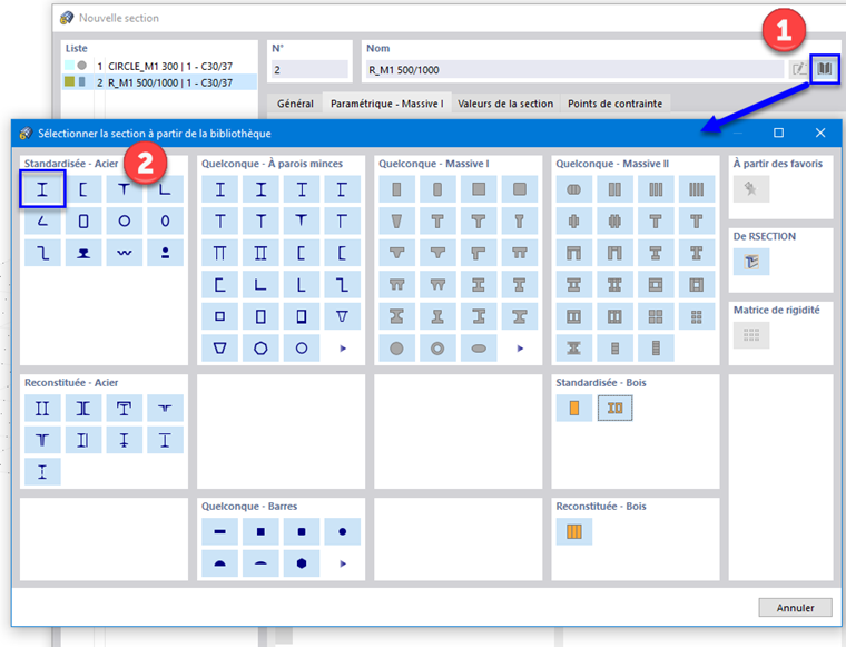 Sections en acier normalisées dans la bibliothèque
