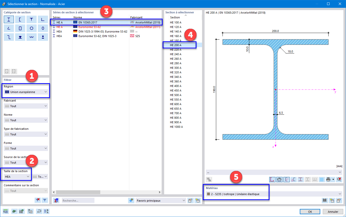 Sélection de la section HE 200 A dans la bibliothèque