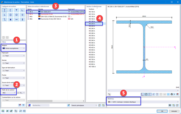 Sélection de la section HE 200 A dans la bibliothèque