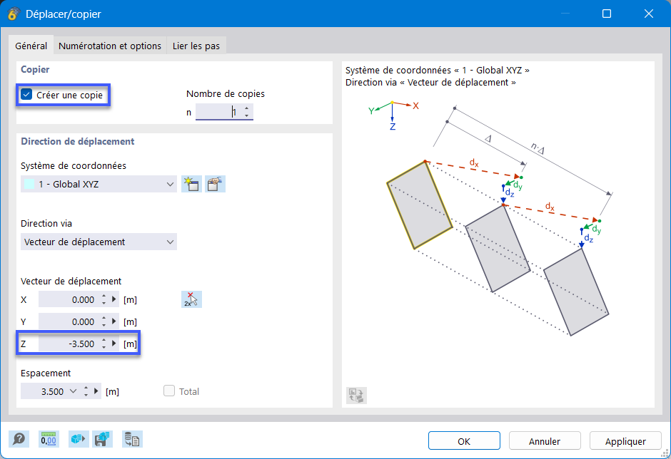 Copie d’objets à 3 m vers le haut